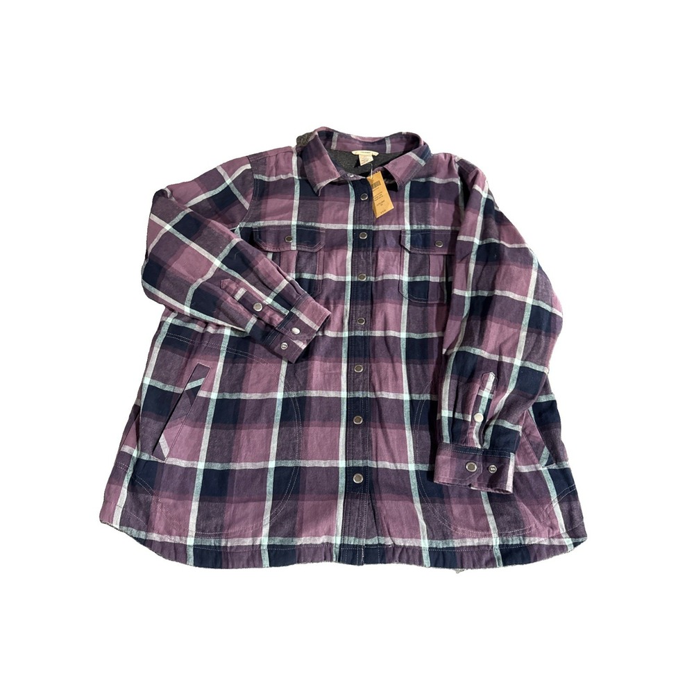 Duluth Trading Co Jacket 2X Purple Plaid Canvas Flannel Lined‎ Snap Shacket
